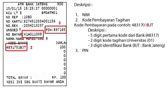 11. Jika proses bayar UKT Unsoed sukses maka ATM akan mencetak bukti pembayaran seperti contoh di bawah ini.