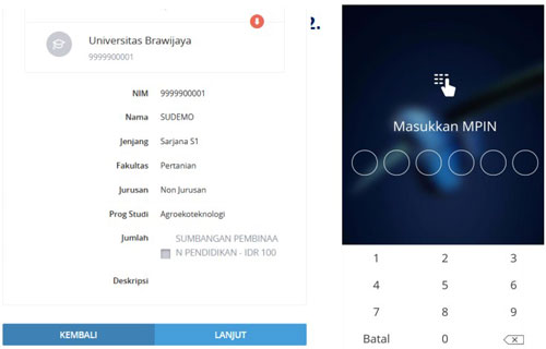 4. Akan muncul  info NIM Nama Jenjang Fakultas Jurusan Program Studi Jumlah Pembayaran UKT UB lewat IB bank Mandiri