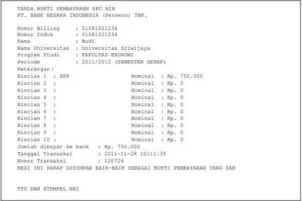 Bukti Pembayaran UKT Unsri BNI