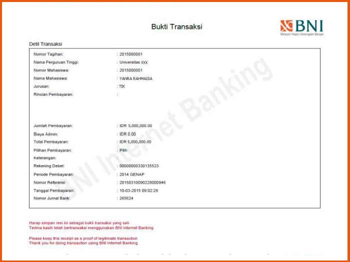 6. Contoh Bukti Bayar UKT UNY Melalui Internet Banking Bank BNI