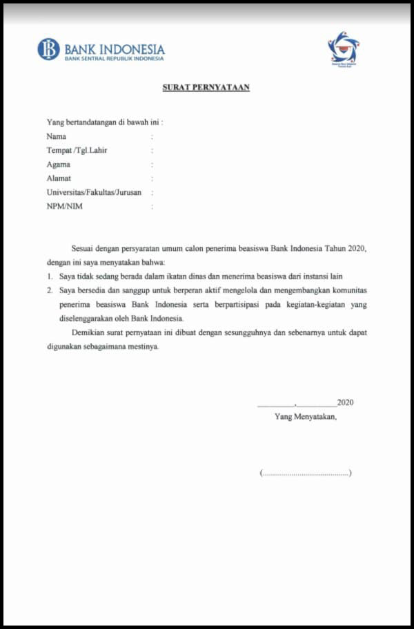 Contoh Surat Pernyataan Beasiswa BI