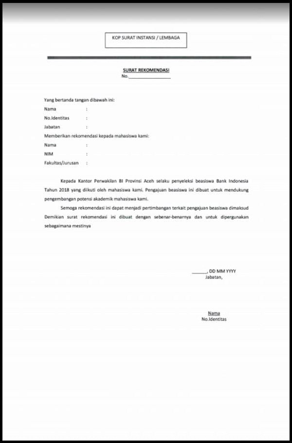 Contoh Surat Rekomendasi Beasiswa BI