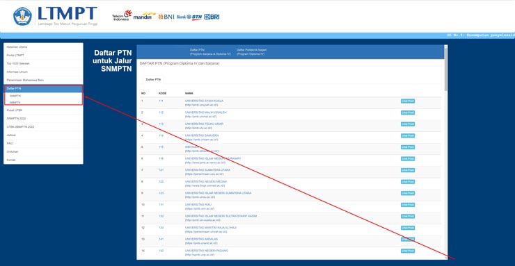 2. Klik Submenu SBMPTN di Menu Daftar PTN