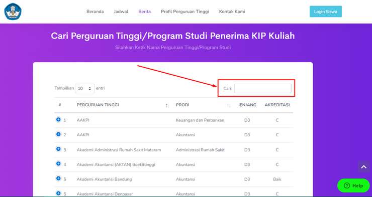 2. Tuju Bagian Cari Perguruan Tinggi